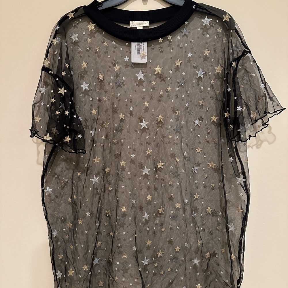 Endless Blue Black Sheer Star Blouse
